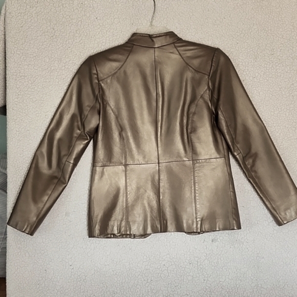 Real Leather zip up blazer jacket lined pewter metallic size womens petite small - Picture 3 of 7